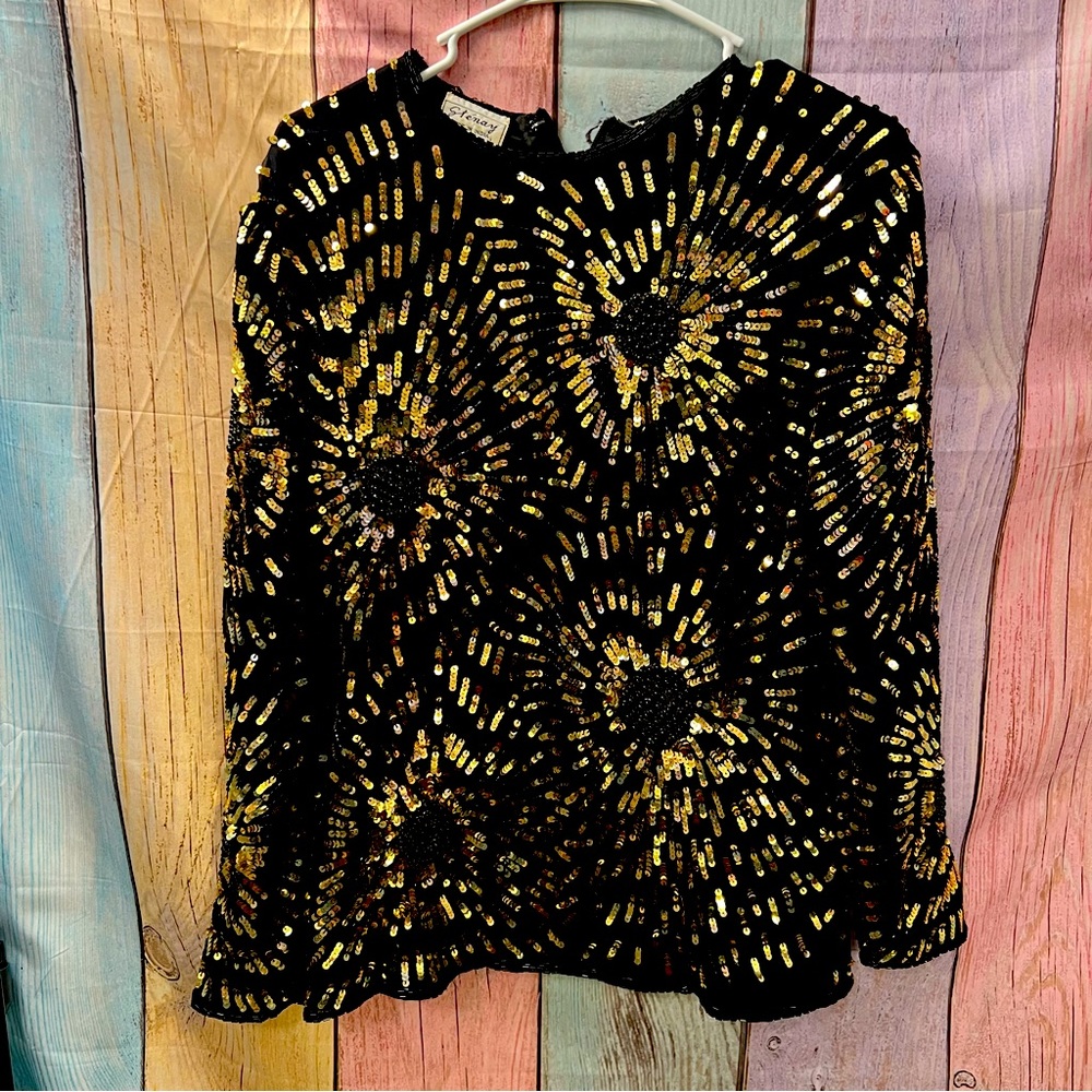 Stenay Vintage sequin floral long sleeve zip top. Size 10